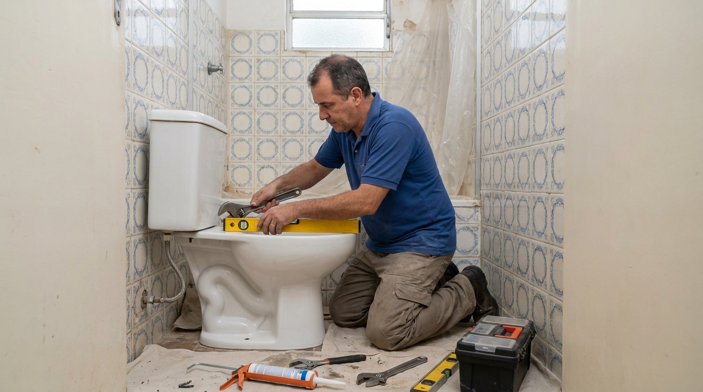 Técnico instalando vaso sanitário em Caxias do Sul‑RS